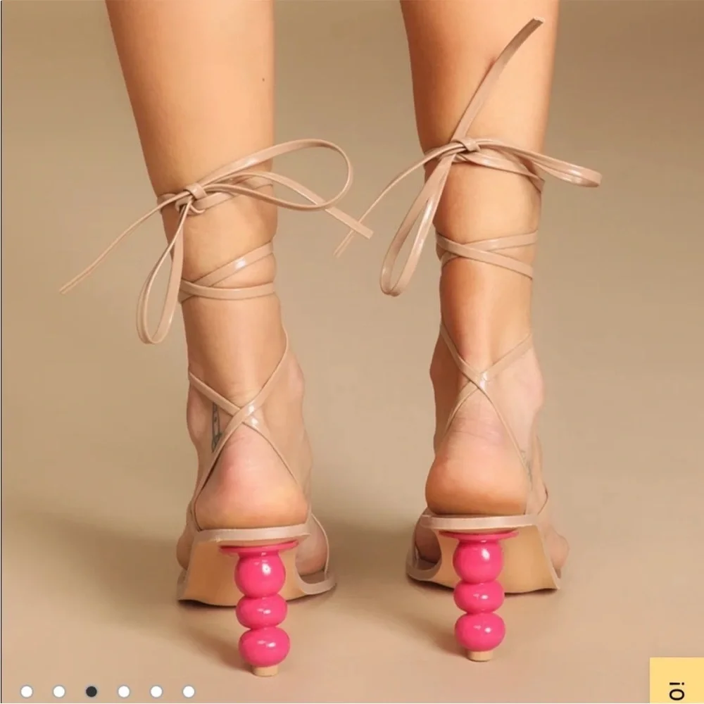 NWOT Lulus Hildain Light Nude and Pink Patent Lace-Up High Heel Sandals